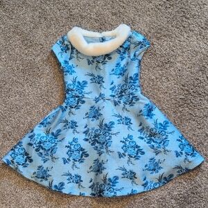 Janie and Jack Blue Floral Jacquard Dress Faux Fur Collar 6 Yrs
